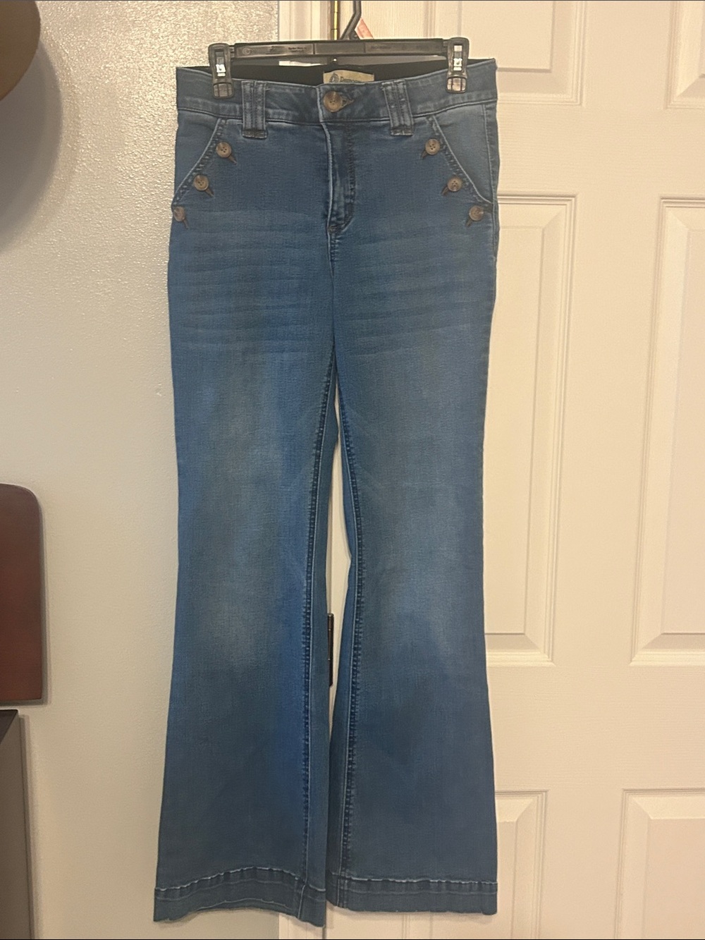 Democracy Medium Blue High-Rise Flare Jeans with Button Accent